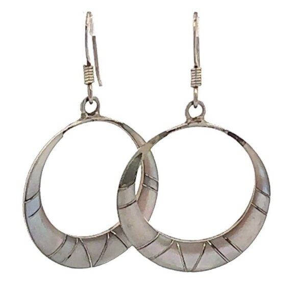 Sterling Silver & Mother of Pearl Round Circle Dangle Pierced Hook Earrings! 25 - Picture 1 of 7